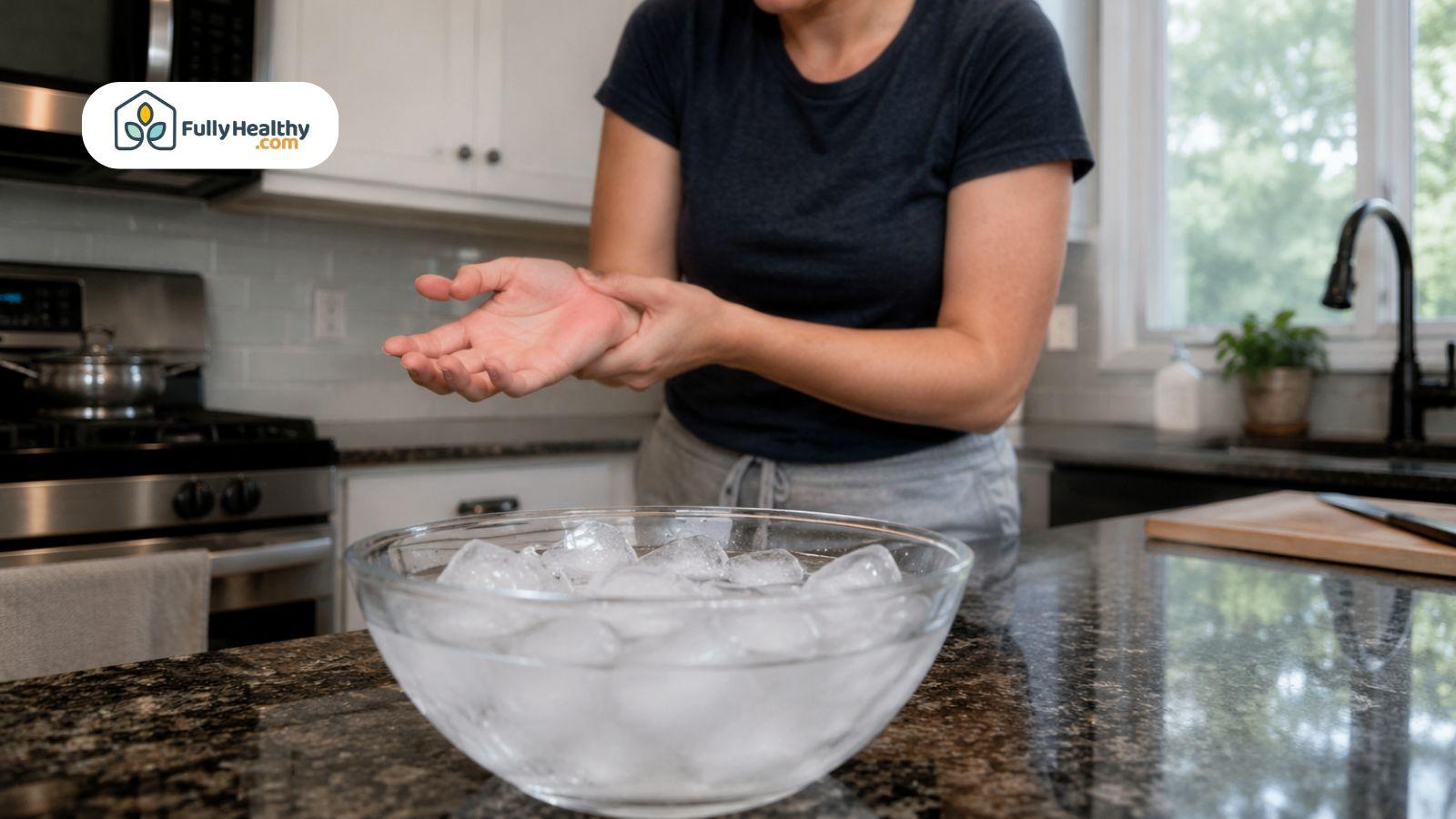 Glass bowl of ice cubes on counter near a person checking a hand burn