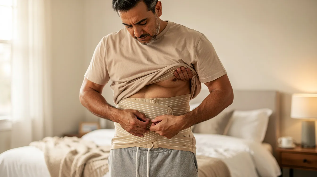 Un hombre está ajustando una prenda de compresión abdominal en su hogar, posiblemente después de un procedimiento de liposucción masculina. La prenda ayuda a moldear su figura y mejorar el contorno del abdomen tras la cirugía.