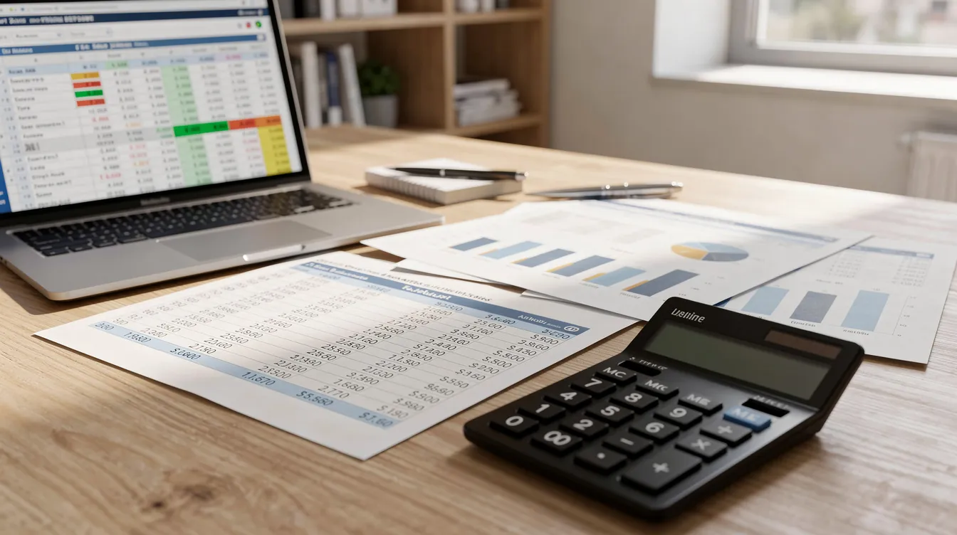The image depicts a professional office desk featuring financial documents, a calculator, and a laptop displaying spreadsheet data. This workspace reflects a focus on efficiency and precision in managing financial details, essential for the production process of various products, including those in the food processing industry.