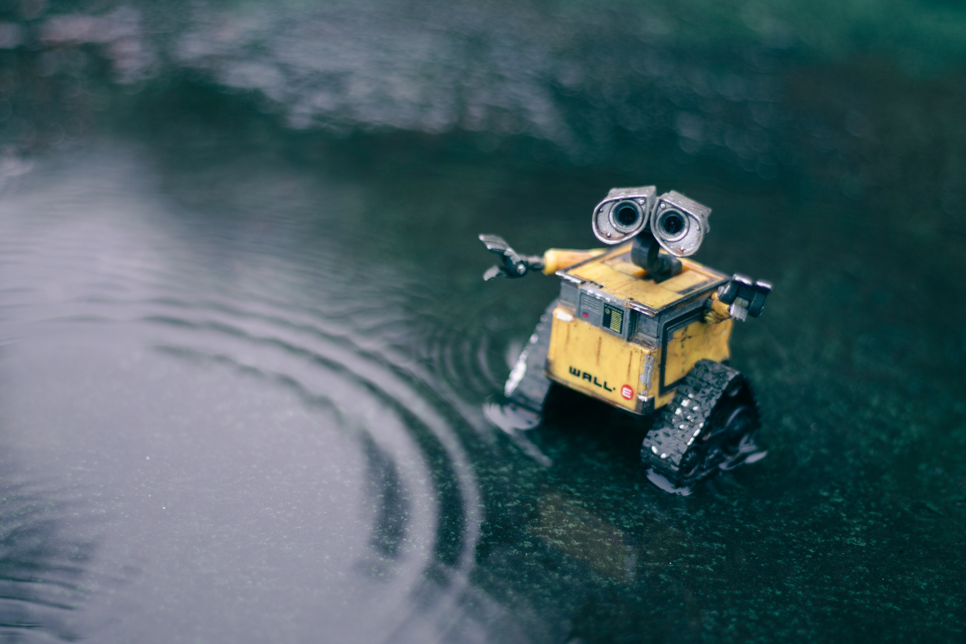 Sad robot playing in the water