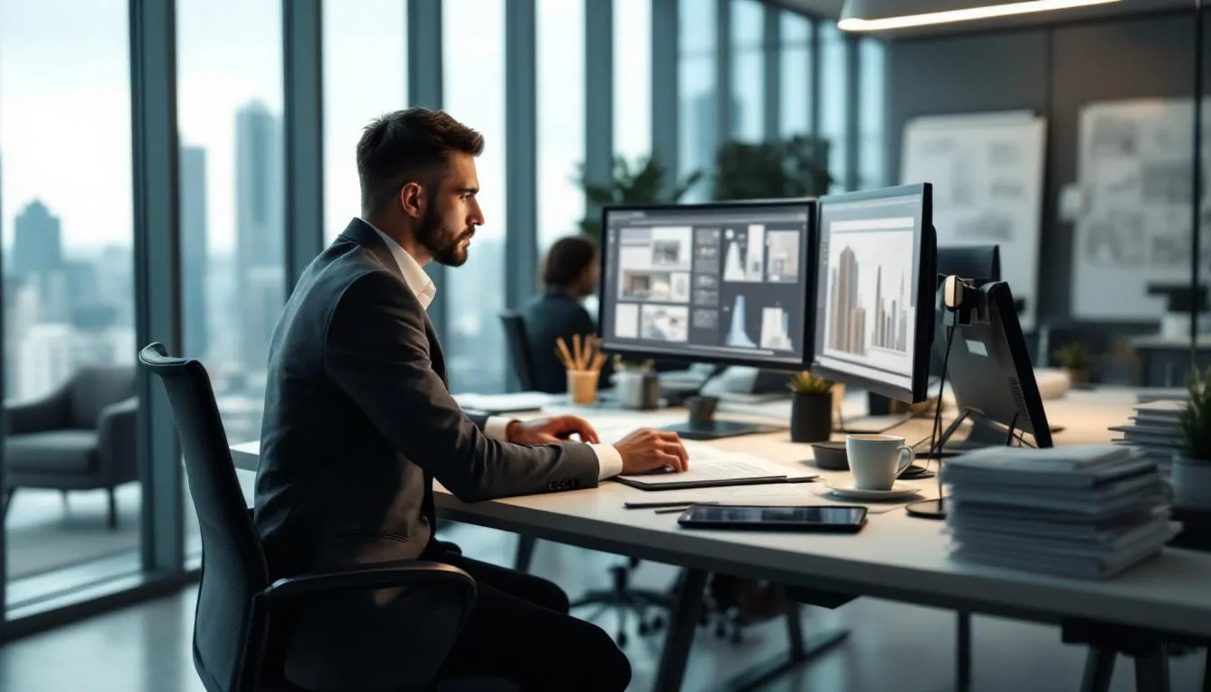 An architect is sitting at a modern office workstation, focused on checking emails, surrounded by technology and resources that support their projects and deadlines. The workspace reflects a balance between productivity and mental health, emphasizing the importance of small breaks to reduce stress in the fast-paced architecture industry.