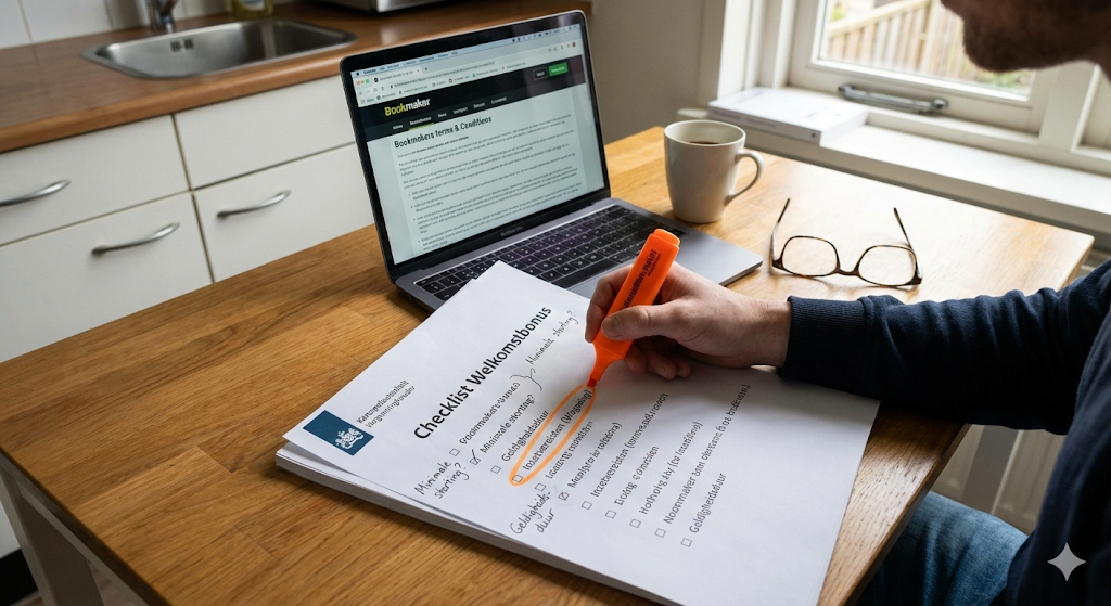 iDEAL bookmakers vergelijken – voorwaarden en kleine lettertjes van een welkomstbonus controleren bij een legale online bookmaker, inclusief minimale storting, extra speelgeld en veilige transacties via iDEAL.