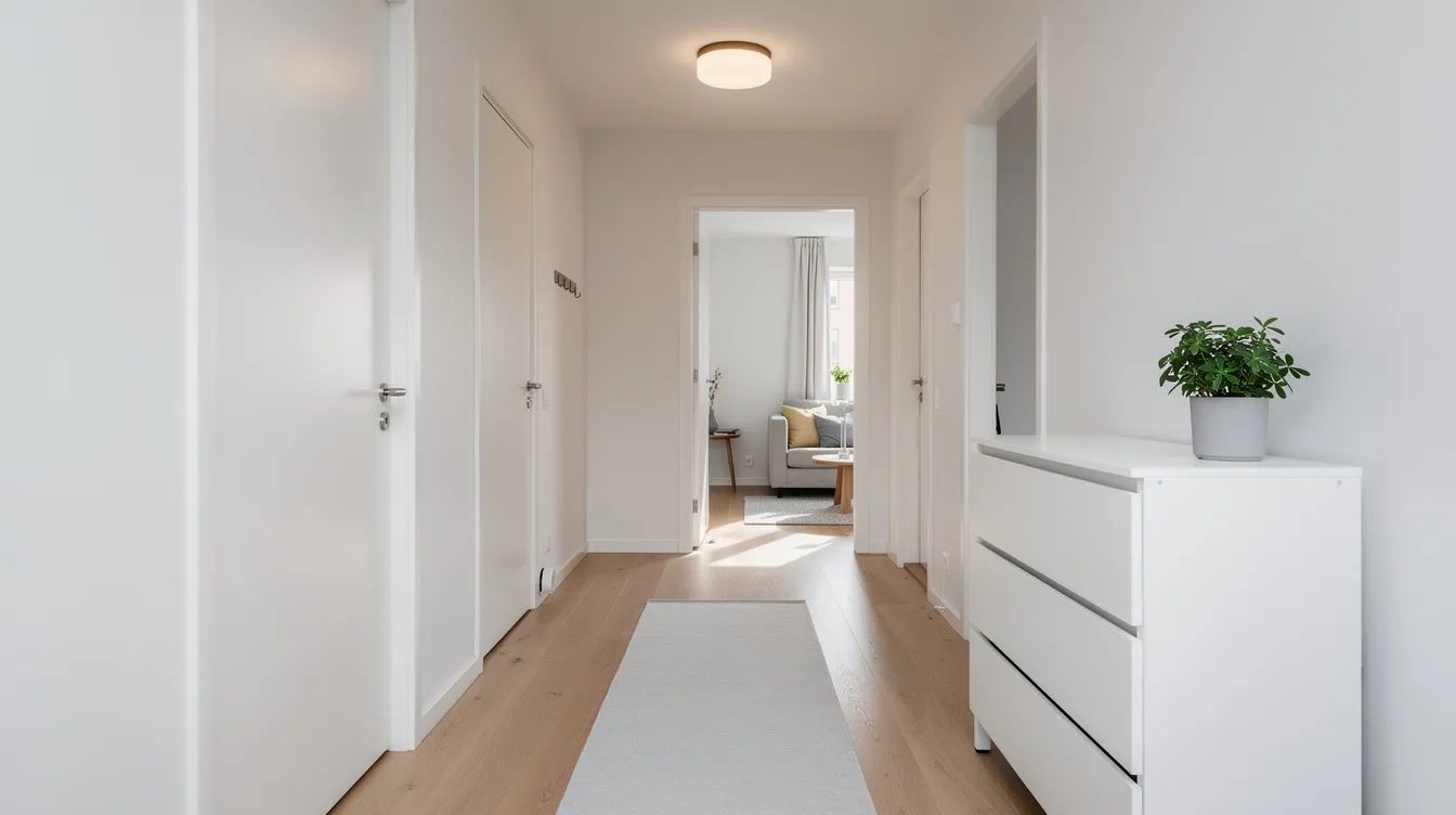 En modern svensk lägenhet med en liten taklampa i hallen som ger en mjuk och välkomnande belysning. Lampan hänger i taket och bidrar till en stilren atmosfär i rummet.