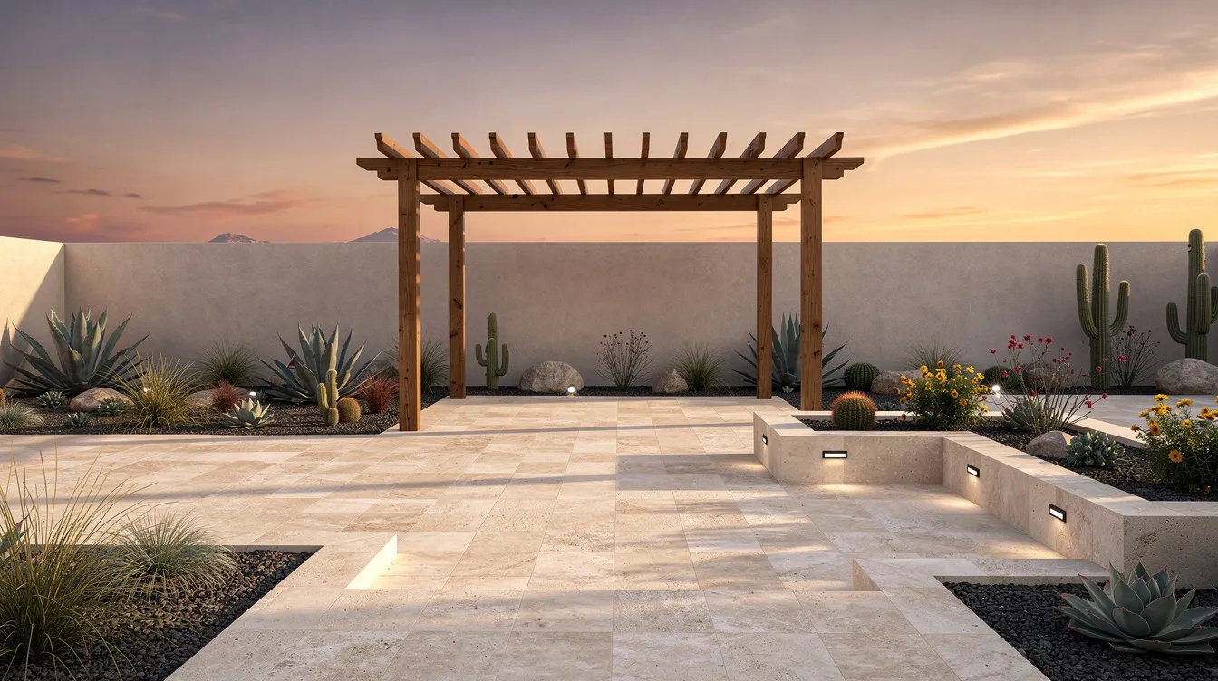 The image showcases a beautifully designed desert backyard featuring elegant travertine pavers, a wooden pergola providing shade, and low-water plantings, all set against a warm sunset sky that enhances the overall visual appeal of the landscape. This serene outdoor space exemplifies modern landscape design, perfect for residential and commercial services.