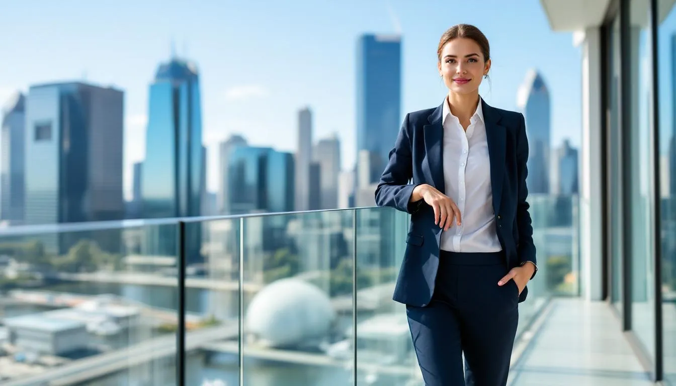 The image depicts a skilled professional confidently working in a bustling modern Australian city, surrounded by a stunning skyline. This scene represents the opportunities available for skilled migrants, highlighting the importance of state or territory government nominations and various visa options like the skilled independent visa and subclass 491 for those seeking permanent residency in Australia's vibrant labor market.