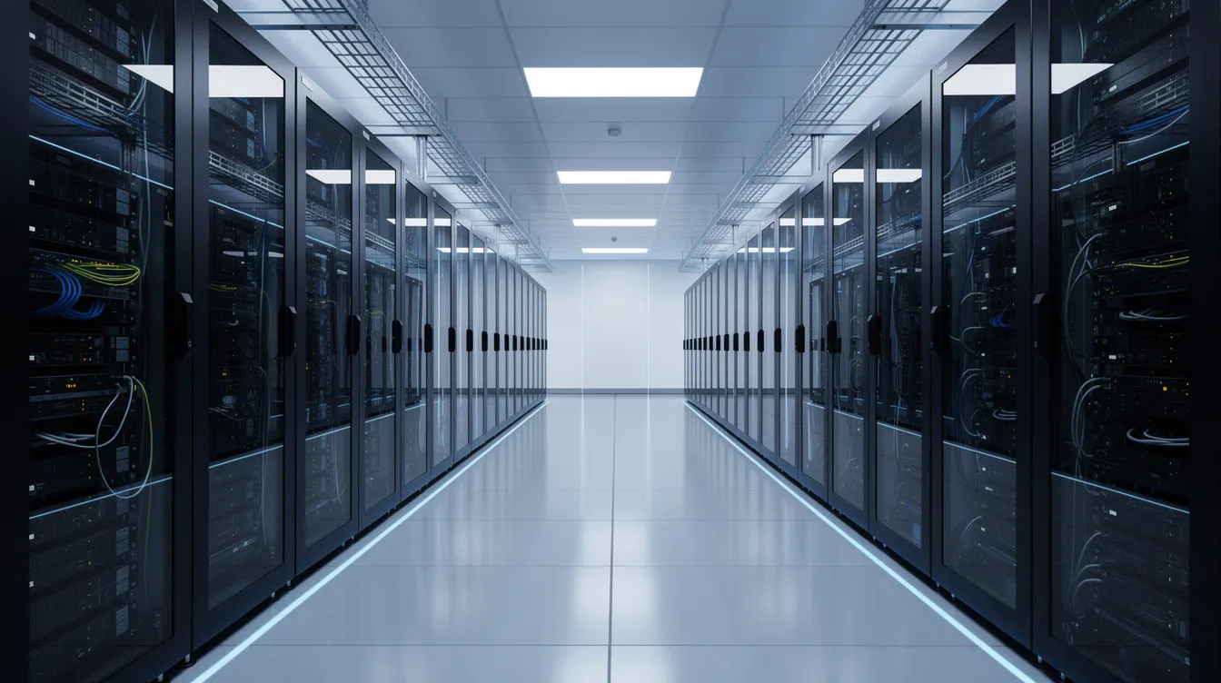 The image depicts a modern data center interior filled with rows of illuminated server racks, enhanced by blue LED lighting, showcasing a high-tech environment that supports various web hosting services. This setup is ideal for hosting providers to manage multiple websites efficiently, ensuring optimal server resources for their shared hosting plans.