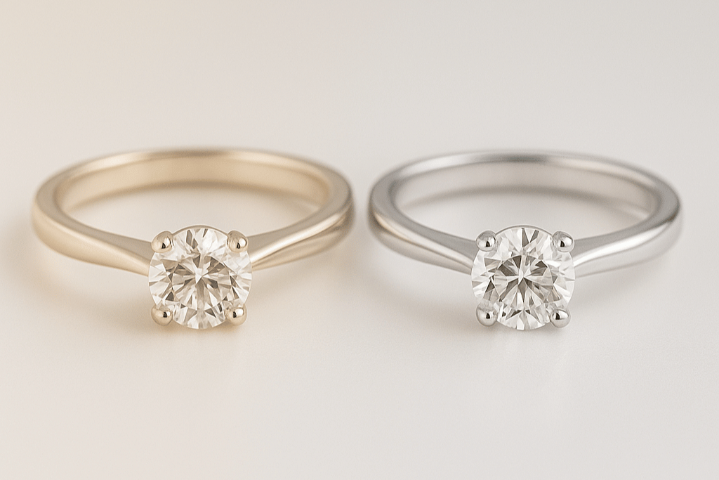 Žiedai iš balto natūralaus aukso ir rodžiu dengto aukso – šilto ir ledinio atspalvio palyginimas | TopDiamonds.online