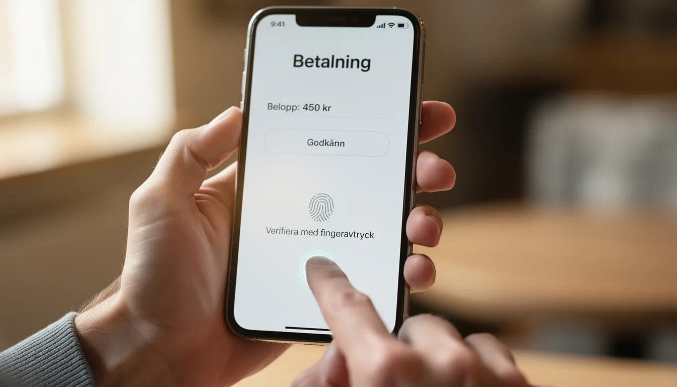 En person signerar en betalning på sin smartphone med fingeravtryck, vilket gör det enkelt att hantera insättningar och uttag hos Onerush. Denna metod erbjuder snabba och säkra transaktioner, perfekt för spelare som vill börja spela på Onerush casino.