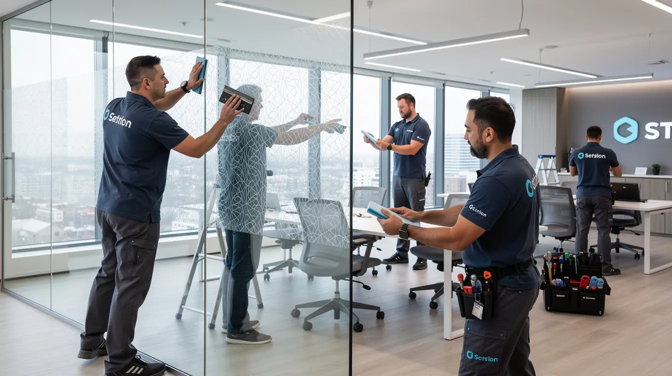 A team of technicians is skillfully applying decorative surface film to glass partitions in a sleek, modern commercial office space, enhancing the aesthetic appeal for local businesses. This creative process is part of a broader trend in business development, showcasing how franchise owners can improve their environments to attract and retain clients.