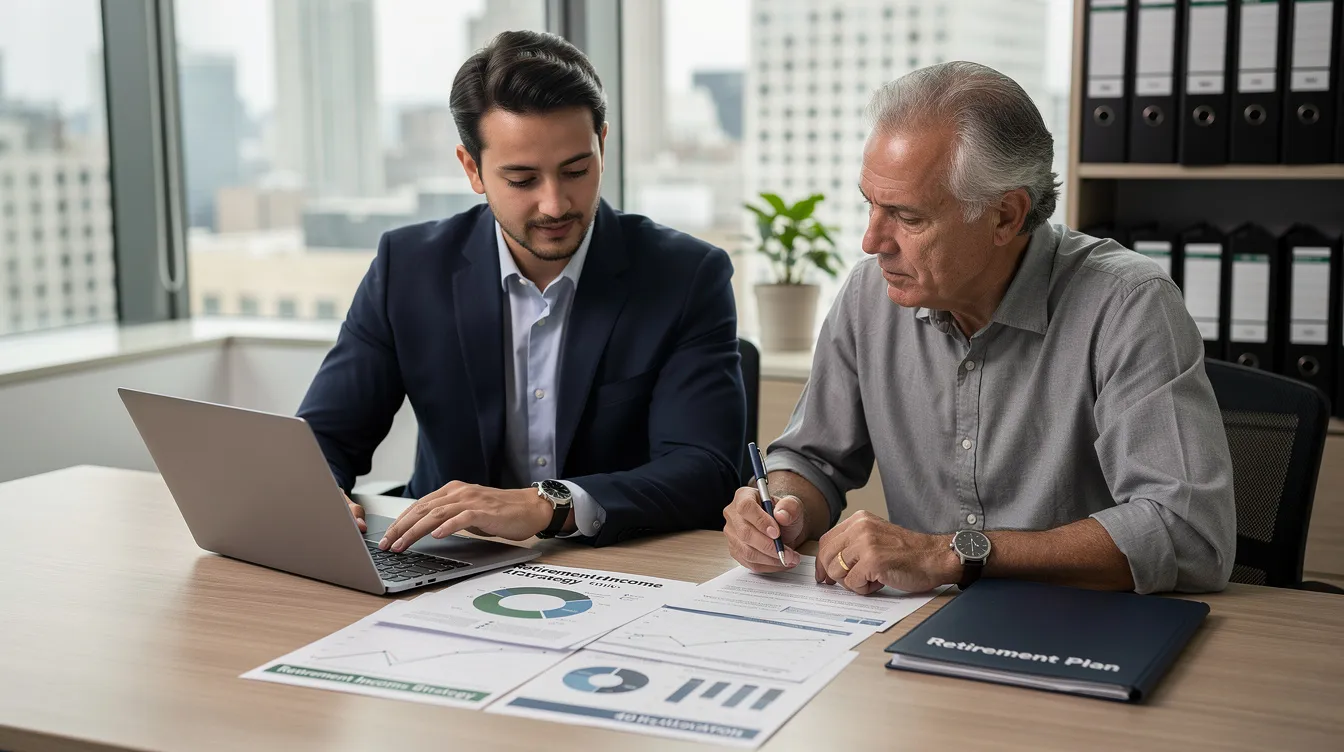 A professional advisor is seated across from a client, carefully reviewing retirement documents, which may include details about federal employees retirement system (FERS) benefits and disability retirement options. The atmosphere is focused, highlighting the importance of understanding eligibility for social security disability benefits and the potential for a FERS disability annuity.