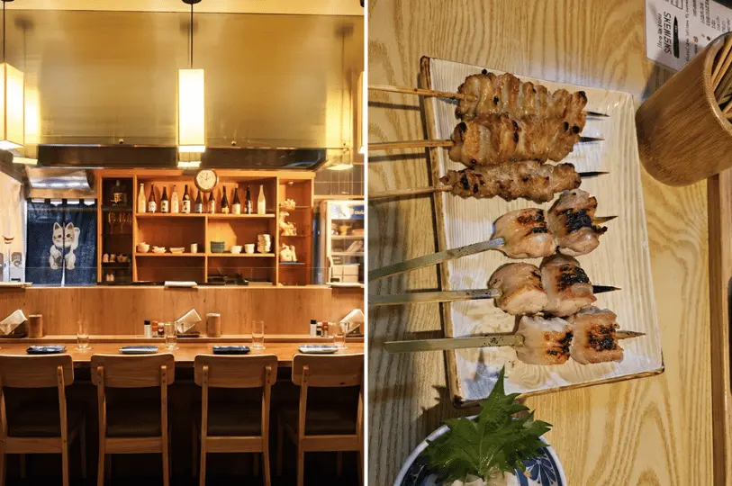 A split image featuring a clean, brightly lit wooden izakaya counter adorned with a lucky cat curtain and sake bottles on the left, and a rectangular plate holding multiple freshly grilled chicken yakitori skewers on the right.