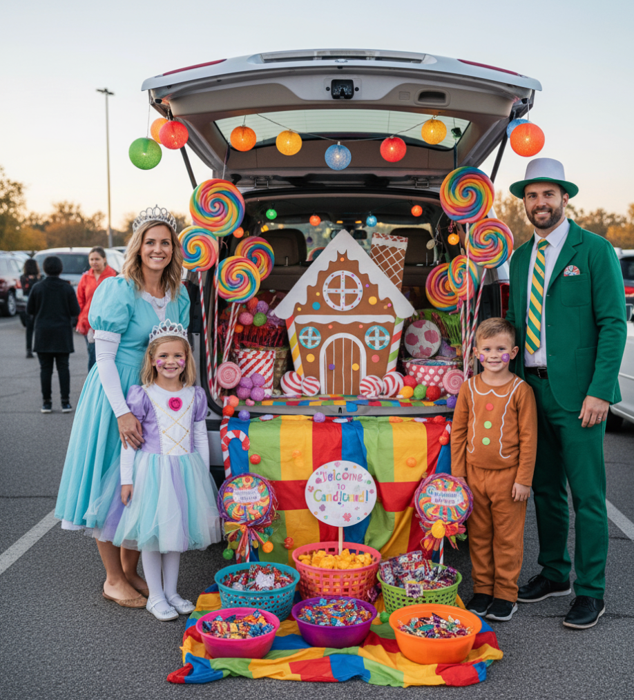 smiling family with a decorated car