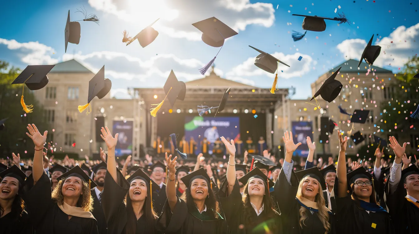 The image captures a jubilant moment at a university graduation ceremony, where graduates are joyfully throwing their caps into the air, celebrating the achievement of their bachelor's degrees. The scene is filled with excitement and pride as students embrace their new qualifications and the start of their professional journeys.