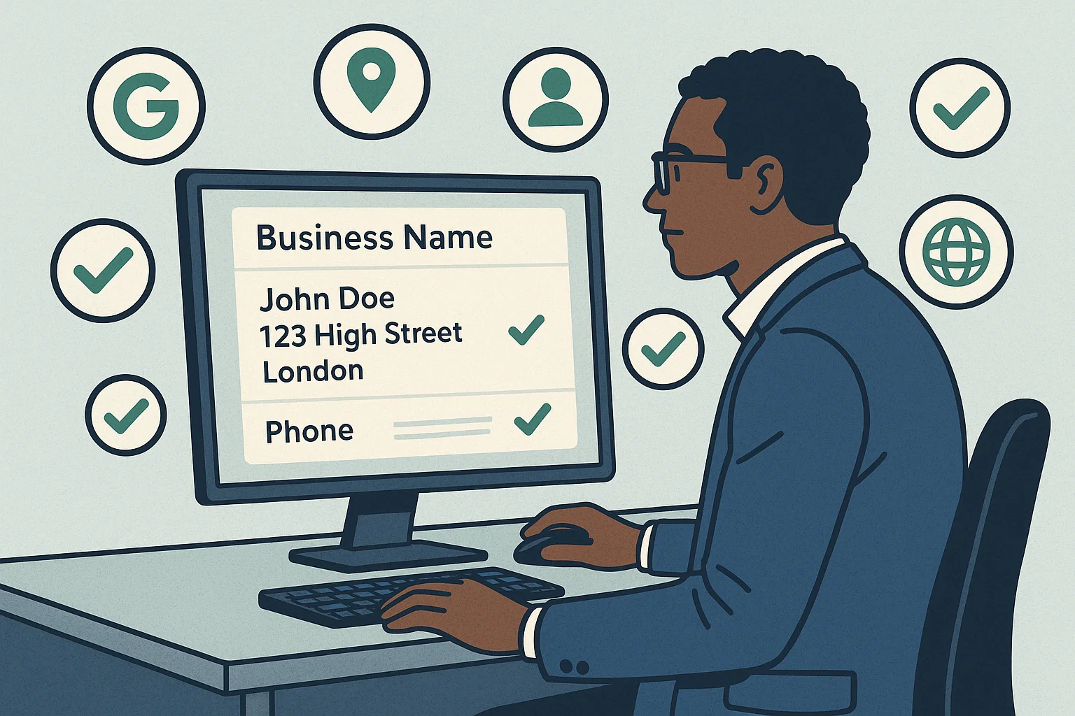 Business owner reviewing name, address, and phone number details across online directories.