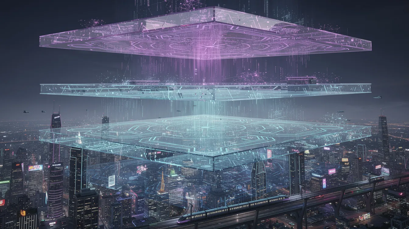 The image depicts a futuristic cityscape with transparent platforms layered above one another, symbolizing the foundational infrastructure of layer 1 blockchains. These platforms represent the high transaction throughput and robust security of decentralized systems, highlighting the role of blockchain technology in enhancing transaction speed and enabling seamless interactions within the digital economy.