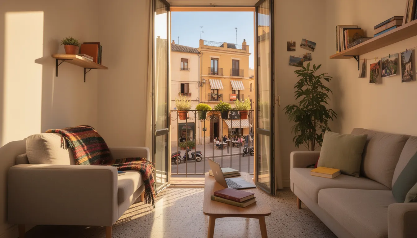 Un appartement étudiant confortable en Espagne, avec un balcon donnant sur une rue ensoleillée bordée de cafés. Cet espace est idéal pour les étudiants souhaitant vivre une expérience authentique tout en poursuivant leurs études supérieures dans un cadre agréable.