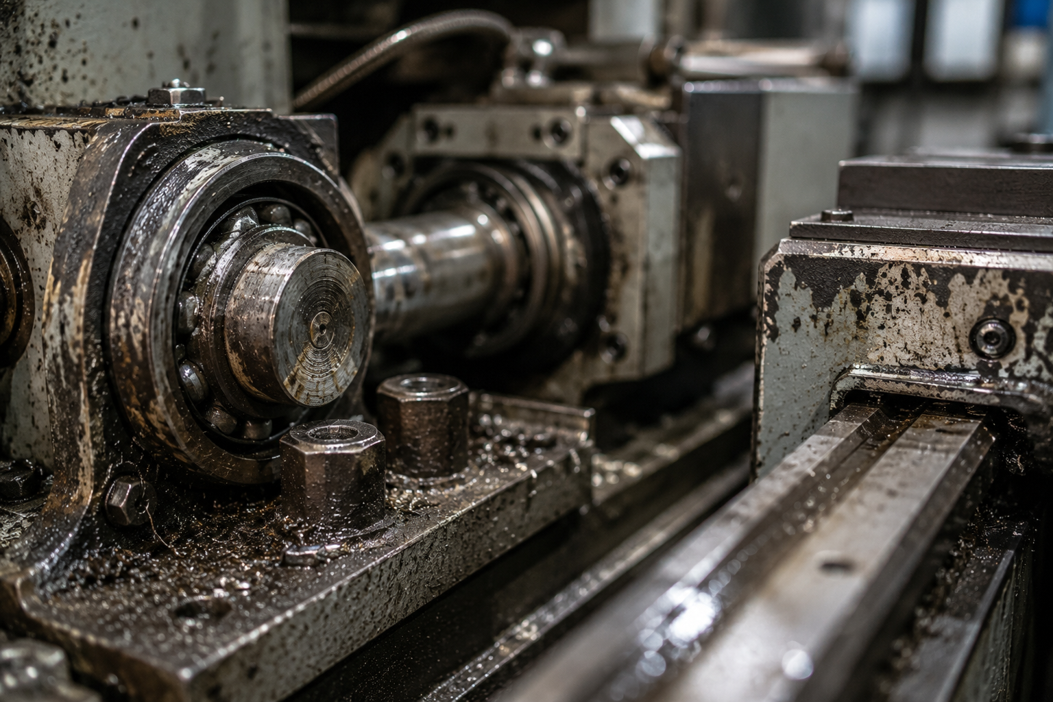 Close-up of worn industrial machinery components showing visible wear and ageing moving parts.