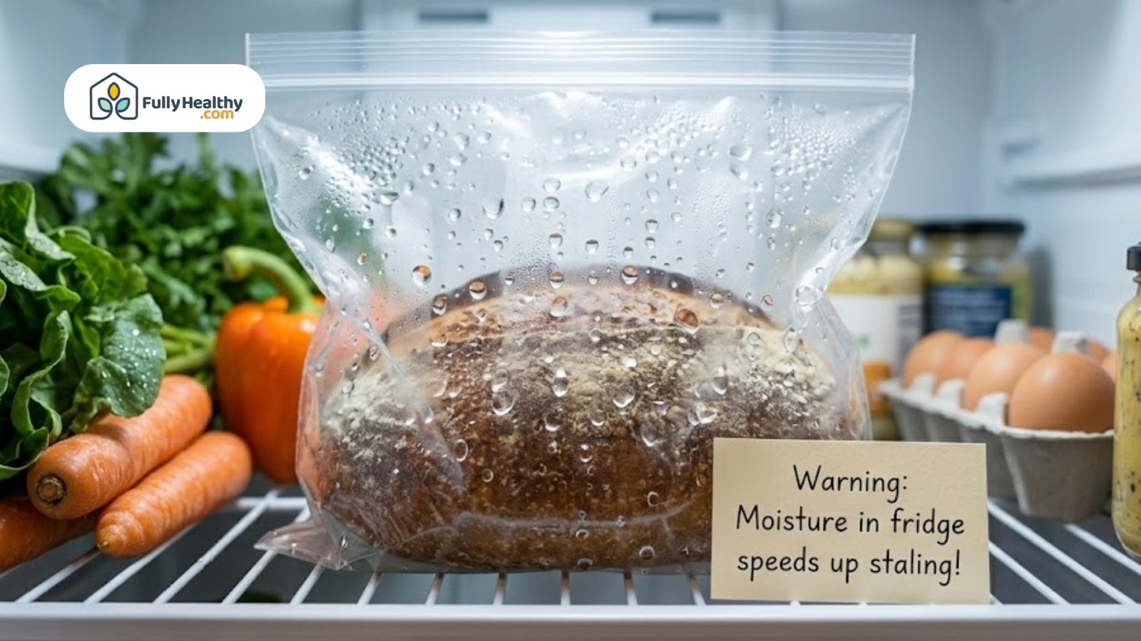 Bread in refrigerator with condensation warning about moisture