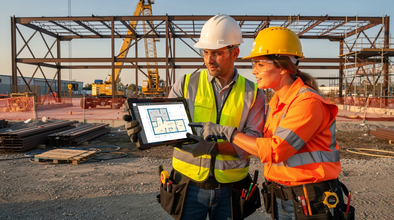 Two construction workers are standing at a commercial job site, reviewing digital plans on a tablet while surrounded by a partially completed steel structure. This scene highlights the integration of AI tools in the construction industry, emphasizing the importance of project management and collaboration among project teams to enhance operational efficiency and reduce risks in construction projects.