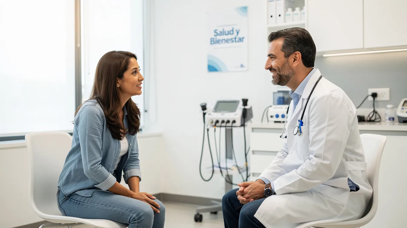 En la imagen se observa a una mujer conversando con un médico en un consultorio médico moderno y luminoso, donde discuten sobre opciones de cirugía de aumento de senos y diferentes tipos de implantes mamarios. El ambiente es profesional y acogedor, lo que refleja la importancia de la consulta en el proceso de transformación y bienestar de los pacientes.