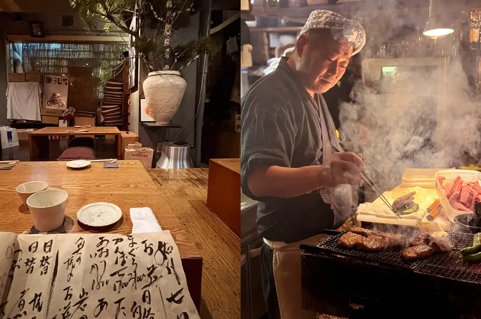 Narukiyo in Shibuya captures a cozy counter table while a chef grills skewers in a smoky, intimate evening setting.