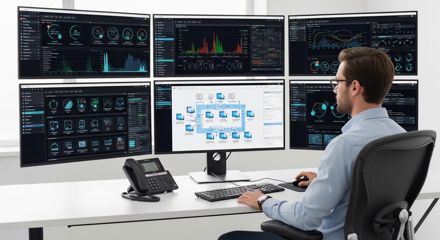 IT administrator managing centralized virtual desktops while developers collaborate securely with consistent coding environments