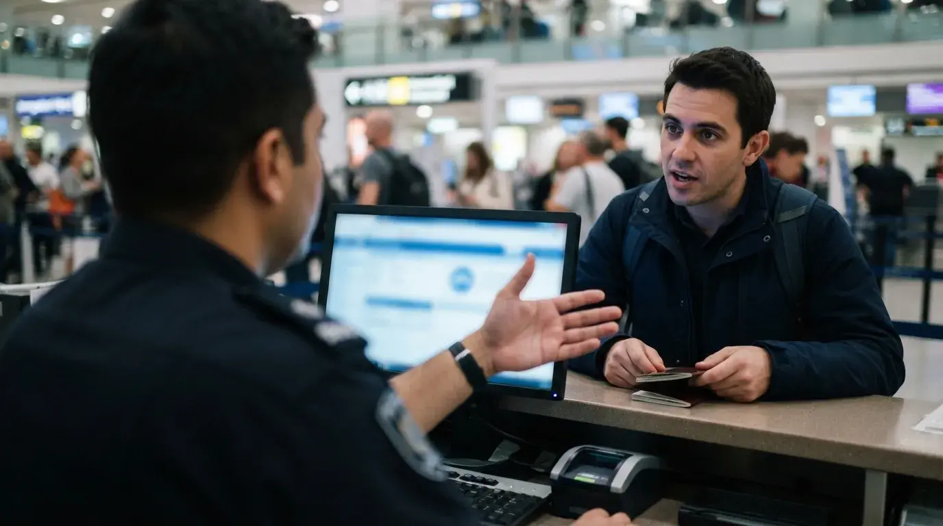 Immigration officer checking onward ticket proof for one-way traveler