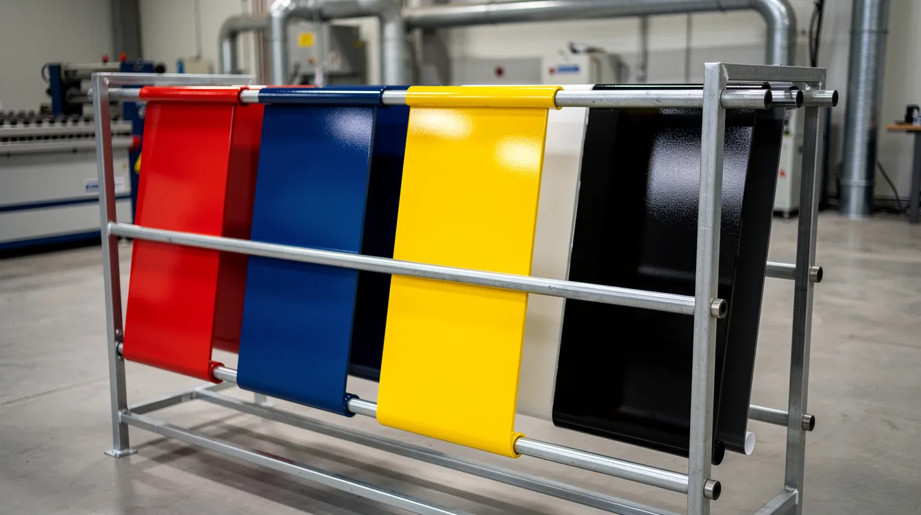 The image shows multiple freshly painted aluminum panels in various vibrant colors, drying on a metal drying rack within an industrial space. The aluminum surfaces are coated with oil paint, showcasing a smooth finish and excellent adhesion, indicative of a meticulous surface prep process.