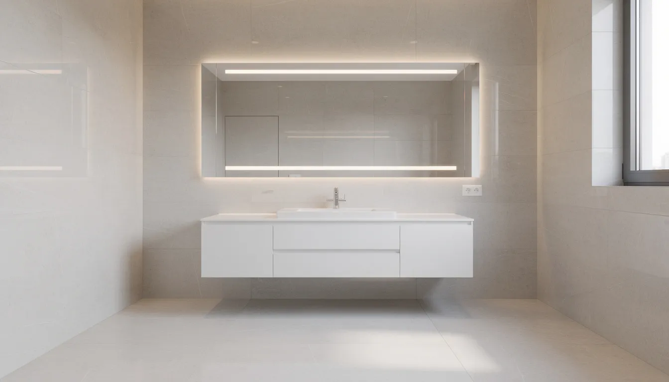 The image depicts a bright and contemporary bathroom interior featuring a large mirror, modern LED lighting, and light-coloured large format tiles, creating a stylish and functional space. This design reflects the essence of bathroom renovations, offering a spa-like retreat atmosphere that enhances both aesthetics and usability.