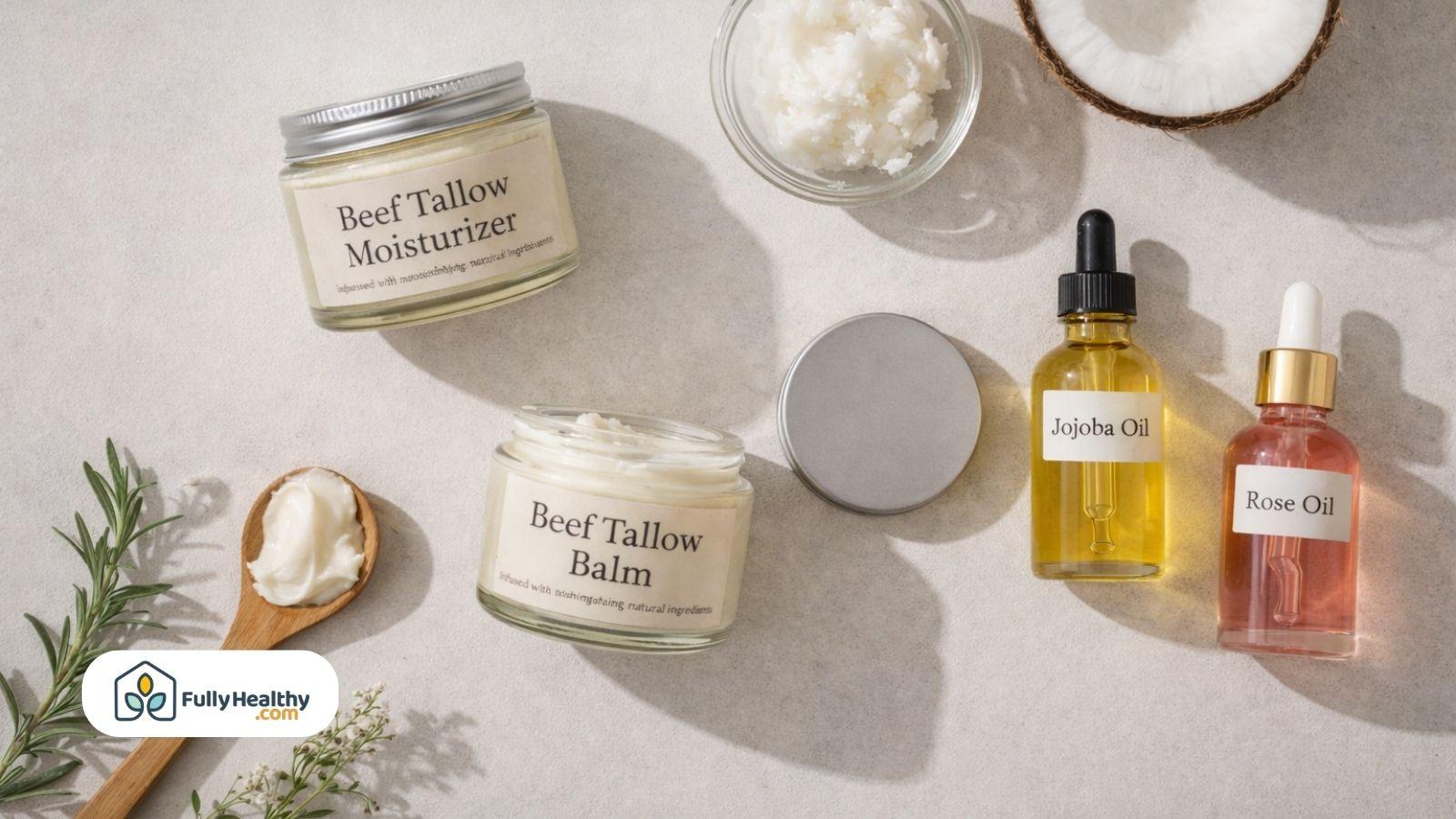Flat lay of beef tallow balm with jojoba oil and rose oil products