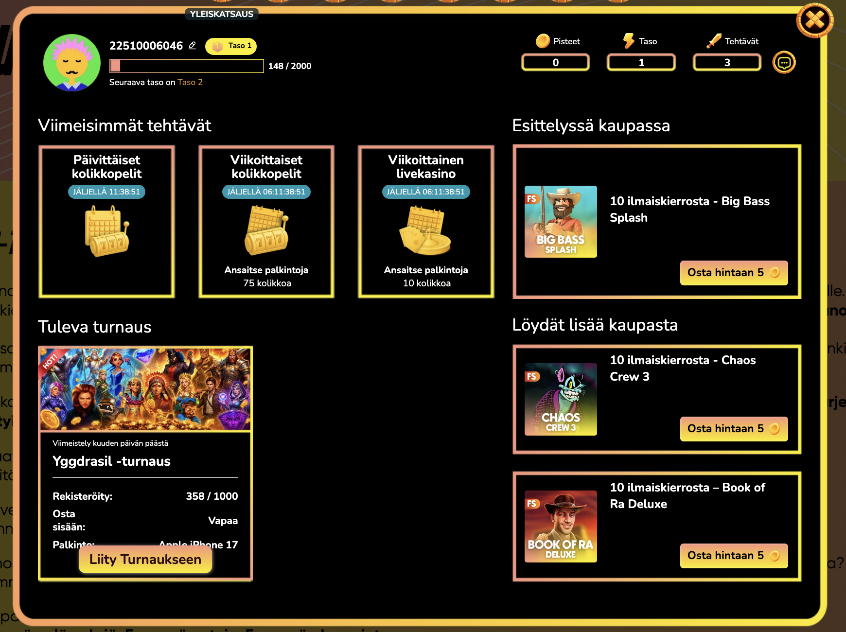 Uuno Kasinon gamification-osio, jossa on tehtäviä, turnauksia ja bonuskauppa
