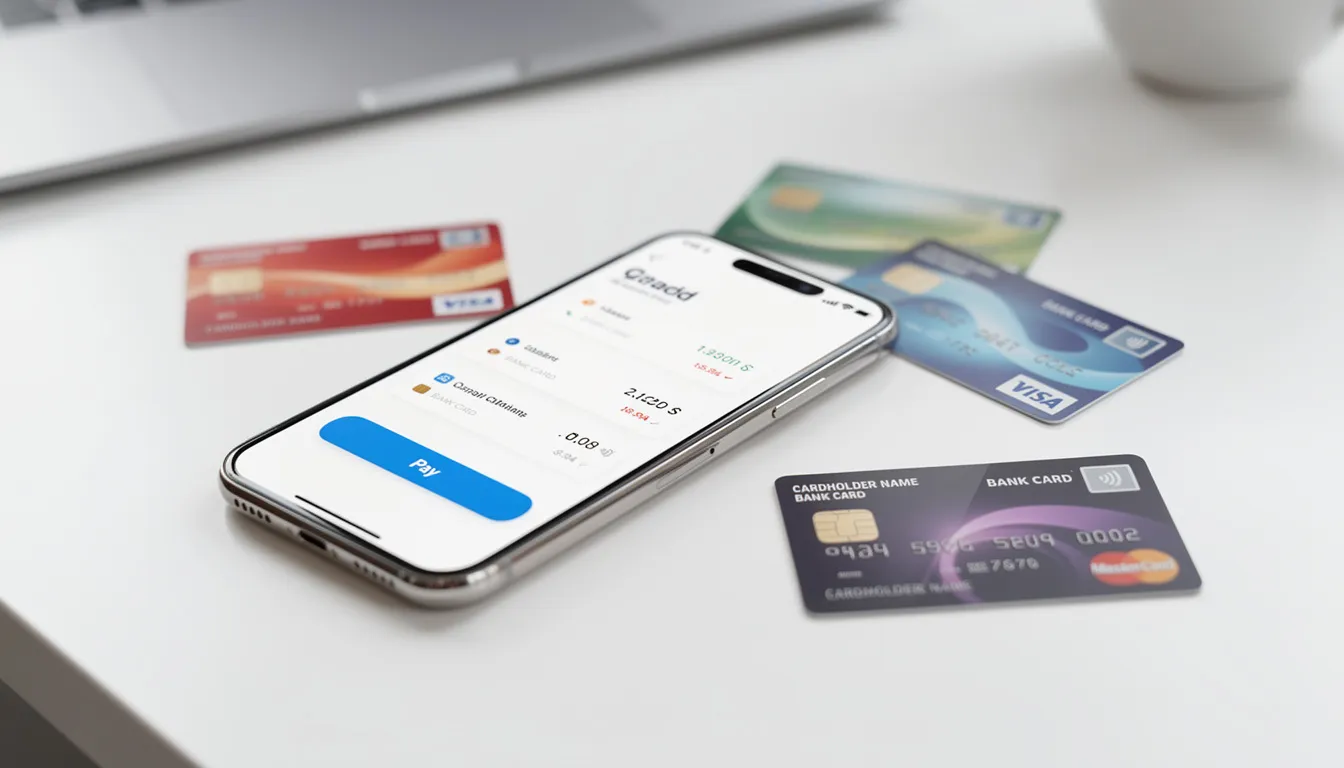 The image shows a smartphone displaying a mobile banking app alongside various credit cards, highlighting tools for managing finances and protecting against identity theft. This setup emphasizes the importance of monitoring personal information, such as credit scores and bank accounts, to prevent fraud and safeguard against potential data breaches.