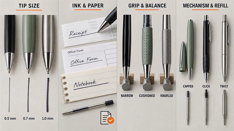 Ballpoint pen selection guide comparing tip sizes, paper compatibility, grip styles, balance, mechanisms, and refills