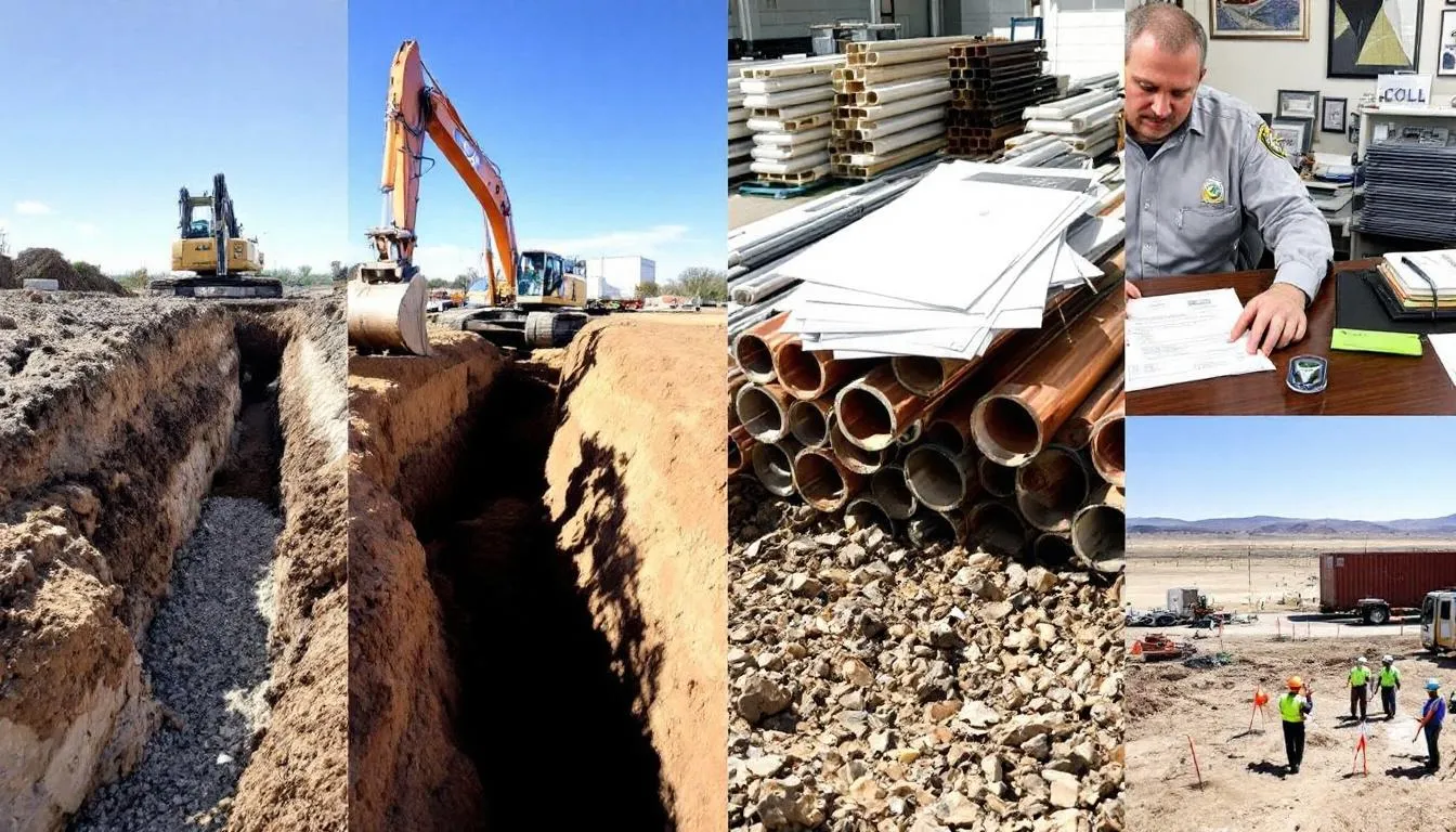 In this split-screen image, the first section shows a trench being dug for a new water line installation, while the second features various pipe materials stacked on pallets, indicating options for plumbing services. The third section depicts a person signing a permit in a city office, essential for legal compliance in Oklahoma City, and the final part illustrates a rocky job site being prepped for utility work, highlighting the area preparation required before installation.