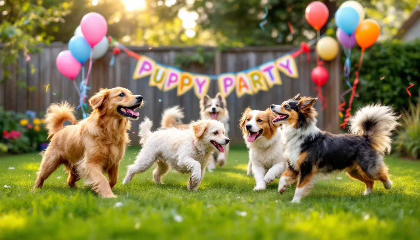 In a fenced backyard decorated with colorful party items, multiple dogs of different breeds are joyfully playing together, celebrating a dog birthday party. The atmosphere is filled with fun as they enjoy treats and toys, embodying the spirit of a memorable canine celebration.