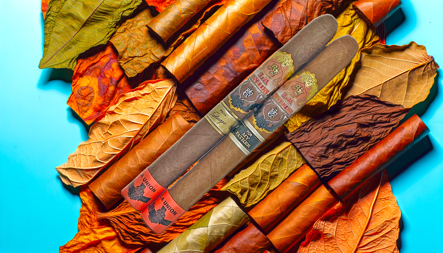 Variety of premium cigar wrappers and tobacco leaves arranged in a pattern
