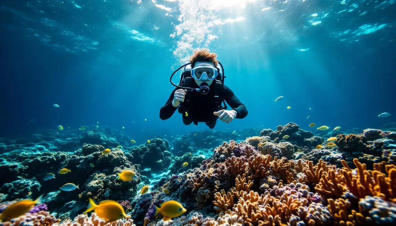 A scuba diver is demonstrating perfect neutral buoyancy, hovering effortlessly above a vibrant coral reef, showcasing their mastery of buoyancy control. The diver maintains a motionless position, illustrating the importance of proper weighting and breath control in achieving optimal buoyancy in the marine environment.