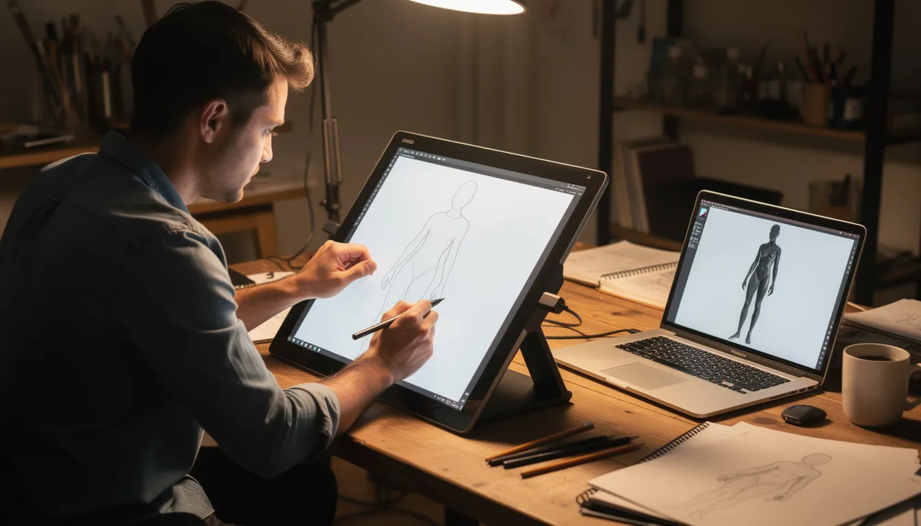 An artist is seated at a desk, focused on sketching a figure using a drawing tablet, while a laptop displays a pose reference to enhance their drawing skills. This scene captures the dedication to practice and improve in the art of figure drawing.