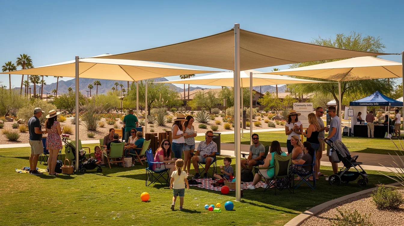 The image depicts a vibrant community event taking place in a Phoenix park, where people are gathered under shade structures enjoying the sunny day. The scene captures a sense of togetherness and community spirit, highlighting the positive impact of local gatherings in Arizona.