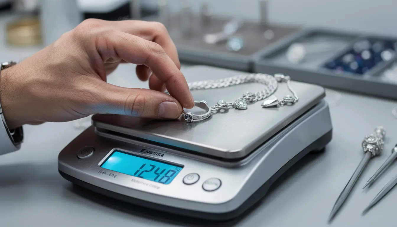 A jeweler's hand is carefully weighing sterling silver jewelry on a precision digital scale, ensuring accurate measurement for customers interested in buying or selling silver products. The scale displays the weight, reflecting the importance of precision in the precious metals market.