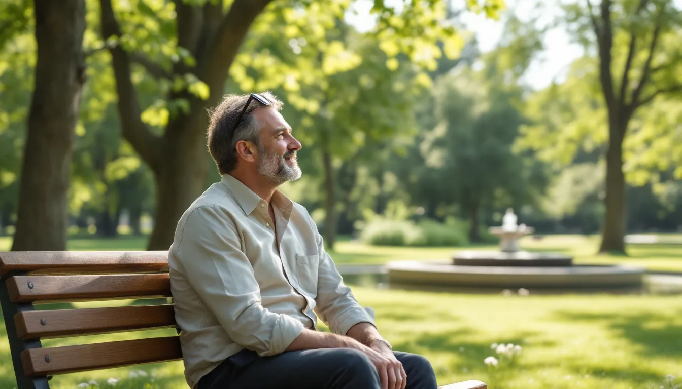 An architect takes a peaceful break outdoors, sitting on a bench surrounded by greenery, reflecting on the importance of work-life balance and mental health in their career. The serene setting highlights the need for mindfulness and stress management to prevent burnout and improve overall well-being.