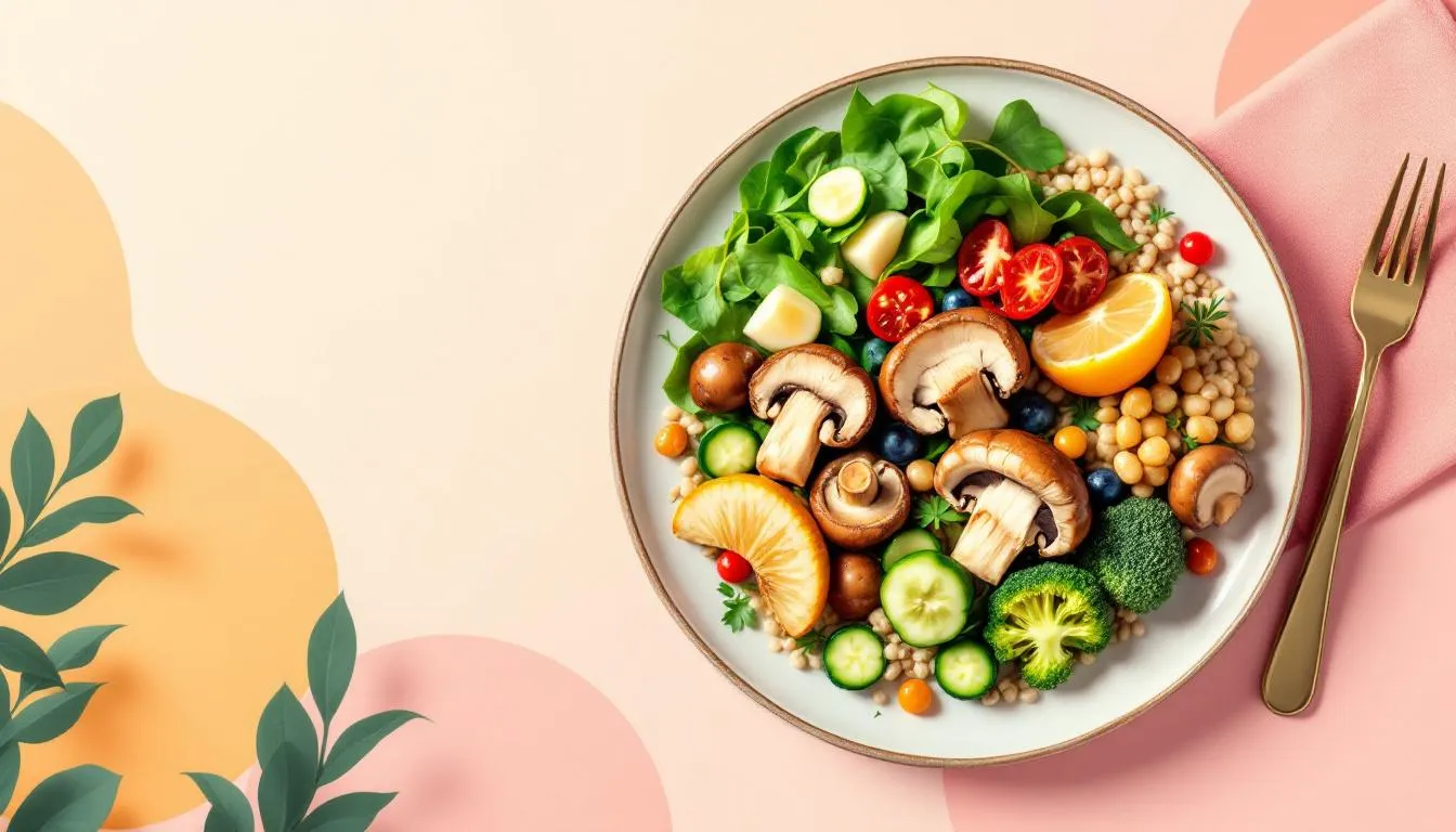 A healthy meal featuring mushroom supplements for enhanced well-being.