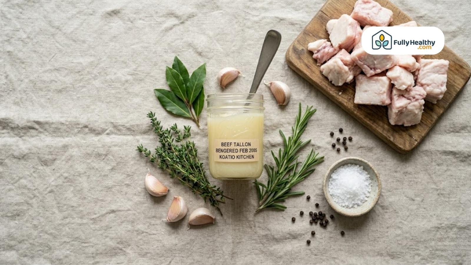 Jar of beef tallow with herbs, garlic, and raw fat pieces