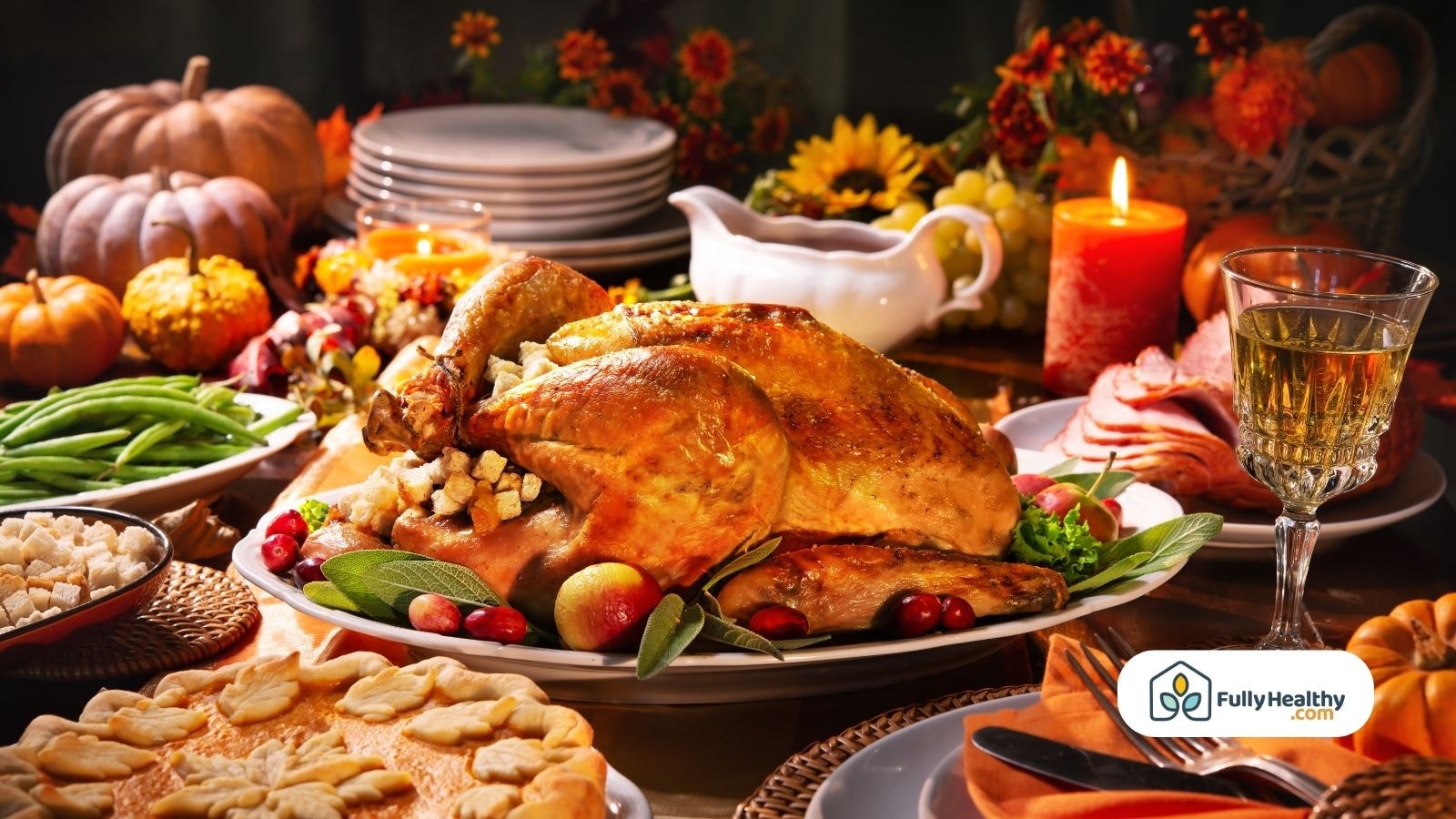 Thanksgiving turkey dinner with stuffing, mashed potatoes, and autumn decor