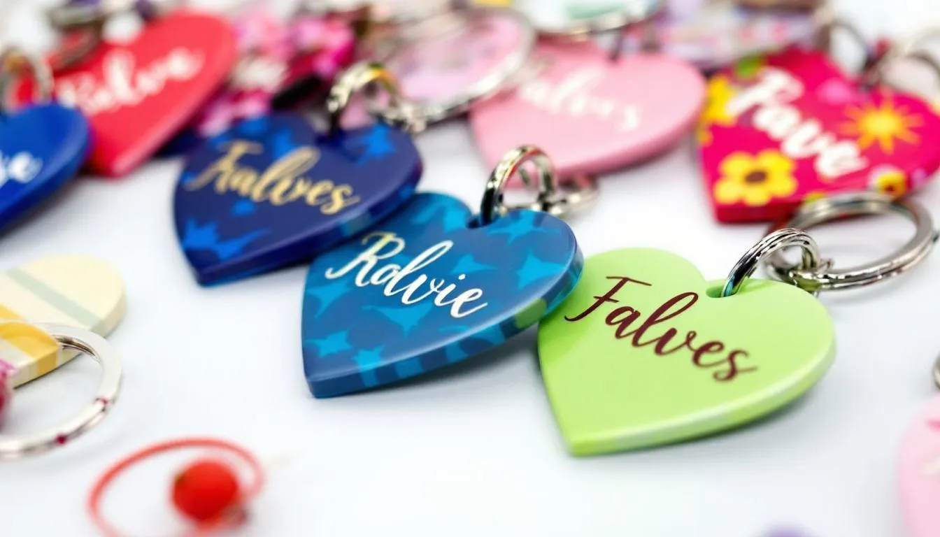 Personalizowane breloczki z imionami i kolorowymi motywami — idealne do plecaków dzieci.