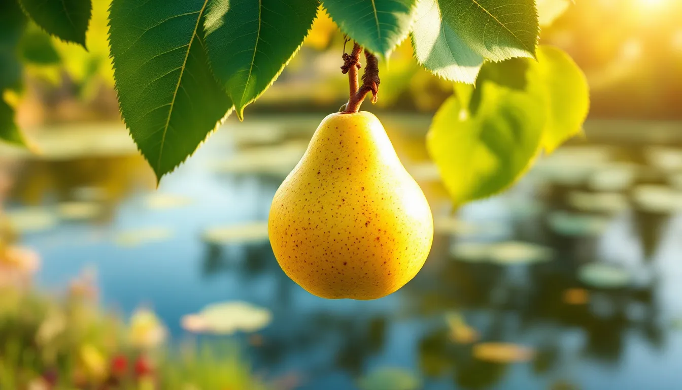 In the image, a fully ripe conference pear hangs from a branch of a conference pear tree, showcasing its smooth green skin and plump shape against the backdrop of a lush garden. The fruit is part of a healthy orchard, reflecting the successful cultivation of this sweet and juicy variety.