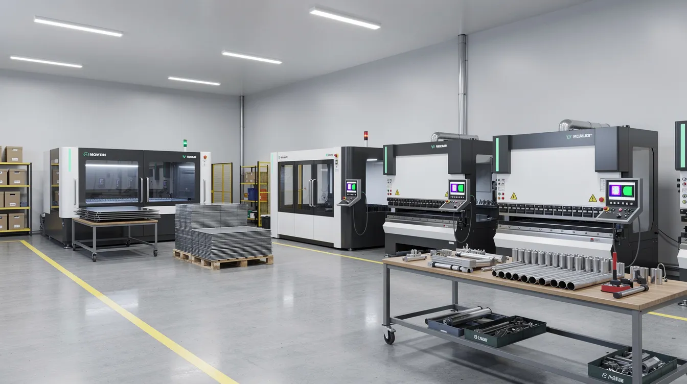 The image depicts a clean and modern sheet metal fabrication workshop, showcasing advanced equipment such as CNC press brakes and laser cutters, essential for high precision and custom sheet metal fabrication. The organized space highlights the focus on quality control and efficient production processes for various metal parts and components.