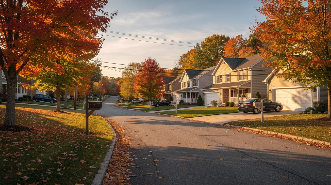 The image depicts a serene suburban neighborhood in upstate New York, showcasing charming single-family homes surrounded by trees adorned in vibrant autumn colors. This picturesque setting highlights the potential for rental income and investment properties, appealing to real estate investors looking to capitalize on the area's property value and cash flow opportunities.