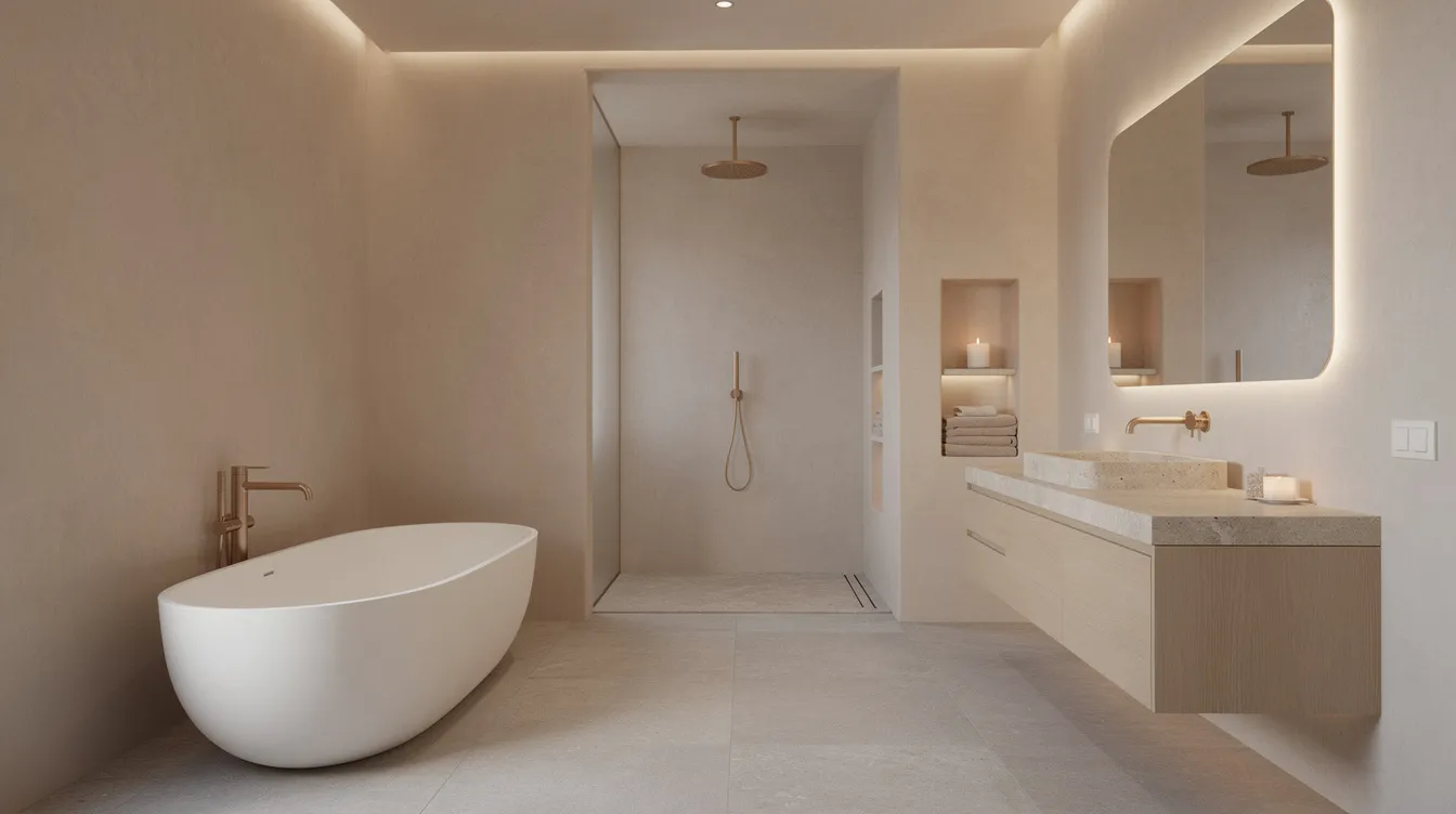 The image showcases a finished warm minimalist bathroom featuring seamless lime plaster walls that exude a luxurious feel, complemented by a polished stone floor. The use of natural materials creates an aesthetic appeal, making it an inviting space that is both durable and water-resistant, ideal for wet areas like showers and sinks.