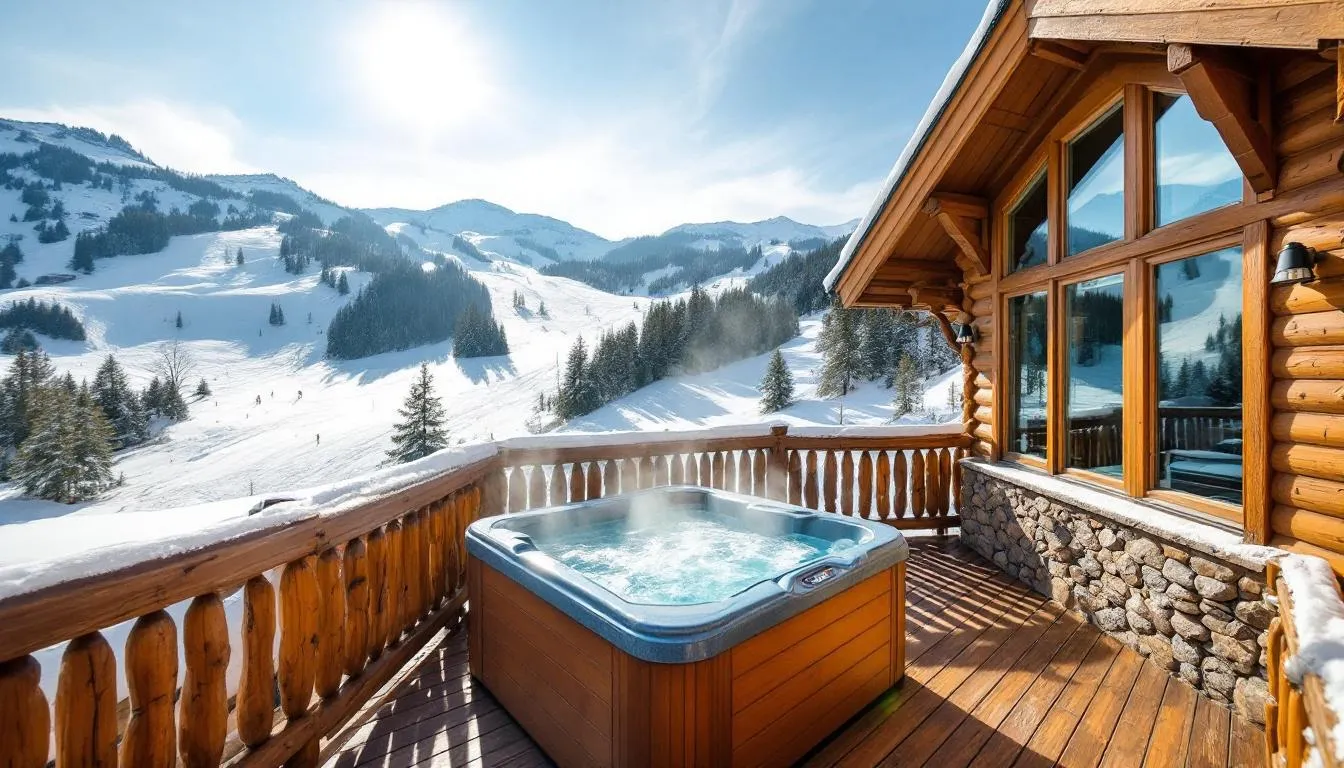 A cozy mountain chalet features a private outdoor hot tub on the deck, providing stunning views of the snow-covered ski slopes at Brian Head Resort. This inviting lodging in southern Utah offers a perfect retreat for guests looking to relax after a day of skiing or snowboarding.